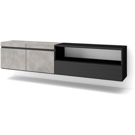 Skraut Home - Meuble TV, Banc Télé, Grand espace de Rangement, 200x45x35cm, Pour les TV jusqu'à 80", Suspendu, Mural, Style moderne, Gris Ciment (1/5)
