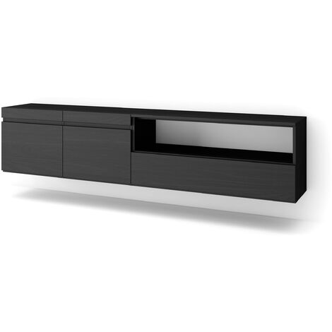 Skraut Home - Meuble TV, Banc Télé, Grand espace de Rangement, 200x45x35cm, Pour les TV jusqu'à 80", Suspendu, Mural, Style moderne, Noir (1/5)