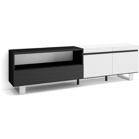 Skraut Home - Meuble TV, Banc Télé, Grand espace de Rangement, 200x57x35cm, Pour les TV jusqu'à 80", Design industriel, Style moderne, Blanc et noir (1/5)