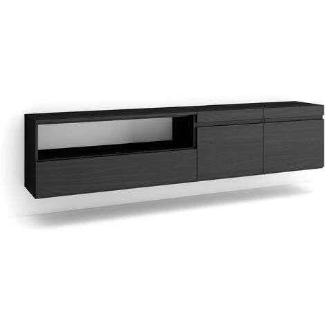 Skraut Home - Meuble TV, Banc Télé, Grand espace de Rangement, 200x45x35cm, Pour les TV jusqu'à 80", Suspendu, Mural, Style moderne, Noir (1/5)