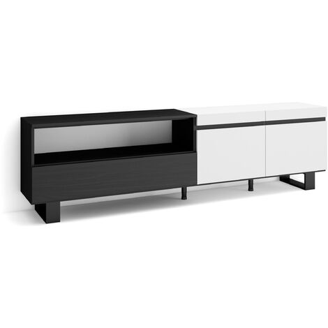 Skraut Home - Meuble TV, Banc Télé, Grand espace de Rangement, 200x57x35cm, Pour les TV jusqu'à 80", Design industriel, Style moderne, Blanc et noir (1/5)