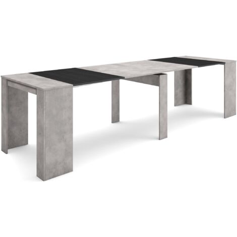 Skraut Home – Table console extensible 90x58cm – Longueur variable jusqu'à 302cm – Pour 14 personnes – Ciment et bois noir – Mécanisme télescopique (1/5)