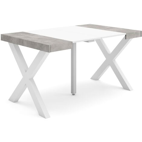 Skraut Home - Table console extensible, Console meuble, 140, Pour 6 personnes, Pieds bois massif, Style moderne, Blanc et Gris Ciment (1/5)