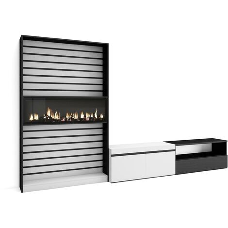 Skraut Home - Ensemble Meuble TV, Meuble Salon Complet, 310x186x35cm, Pour les TV jusqu'à 80", Cheminée électrique, Style moderne, Blanc et noir (1/5)