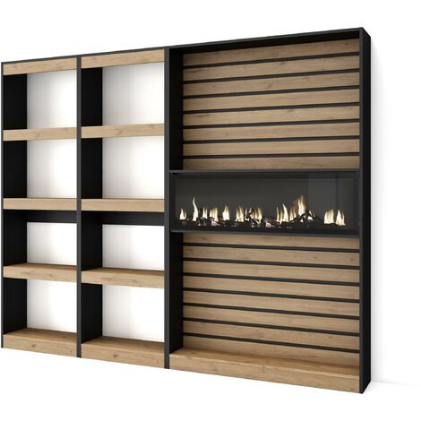 Skraut Home - Étagère Bibliothèque, Étagère de Rangement, 230x186x25cm, Salon Salle à manger Bureau, Cheminée électrique, Style moderne, Chêne et noir (1/5)