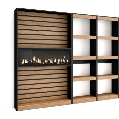Skraut Home - Étagère Bibliothèque, Étagère de Rangement, 230x186x25cm, Salon Salle à manger Bureau, Cheminée électrique, Style moderne, Chêne et noir (1/5)