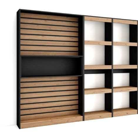 Skraut Home – Étagère bibliothèque moderne 230x186x25cm – 4 tablettes en chêne et noir – Pour salon, salle à manger ou bureau – Panneaux 3D (1/5)