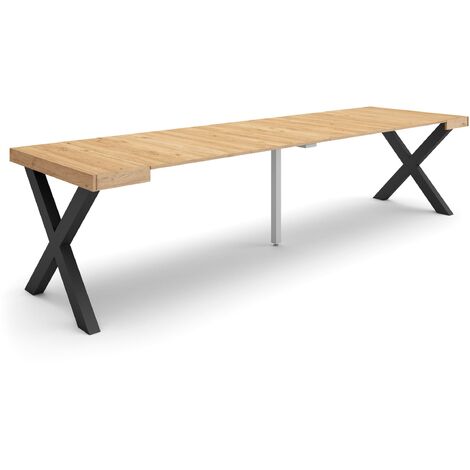 Skraut Home – Table console extensible 302x90x73cm – Mécanisme télescopique en aluminium – Pieds en bois massif – Pour 14 personnes – Finition chêne (1/5)