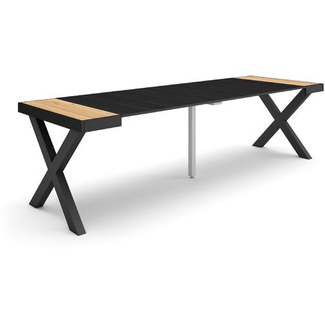 Skraut Home - Table console extensible, Console meuble, 260, Pour 12 personnes, Pieds bois massif, Style moderne, Chêne et noir (1/5)