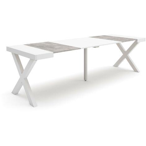 Skraut Home - Table console extensible, Console meuble, 260, Pour 12 personnes, Pieds bois massif, Style moderne, Blanc et Gris Ciment (1/5)