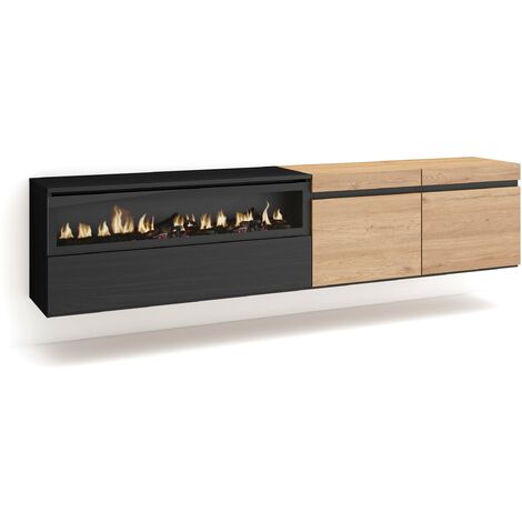 Skraut Home - Meuble TV, Banc Télé, Grand espace de Rangement, 200x45x35cm, Pour les TV jusqu'à 80", Cheminée électrique, Suspendu, Mural, Style moderne, Chêne et noir (1/5)