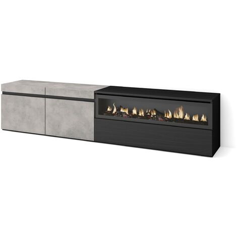 Skraut Home - Meuble TV, Banc Télé, Grand espace de Rangement, 200x45x35cm, Pour les TV jusqu'à 80", Cheminée électrique, Style moderne, Gris Ciment (1/5)