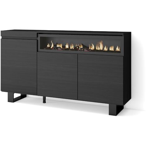 Skraut Home - Buffet salon et cuisine, Meuble de Rangement, Commode, 150x87x35cm, 3 Portes, Cheminée électrique, Design industriel, Style moderne, Noir (1/5)