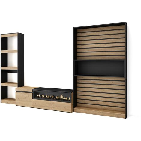 Skraut Home - Ensemble Meuble TV, Meuble Salon Complet, 320x186x35cm, Cheminée électrique, Style moderne, Chêne et noir (1/5)