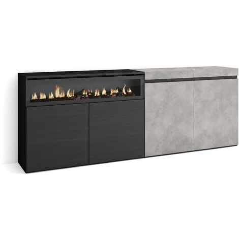 Skraut Home - Buffet salon et cuisine, Meuble de Rangement, Commode, 200x75x35cm, 4 Portes, Cheminée électrique, Style moderne, Gris Ciment (1/5)