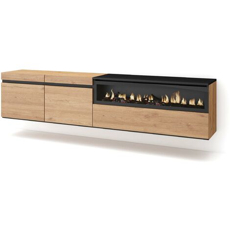 Skraut Home – Meuble TV suspendu mural avec cheminée électrique – Grand espace de rangement 102x45x35cm – Chêne et noir – Pour TV jusqu'à 80" (1/5)