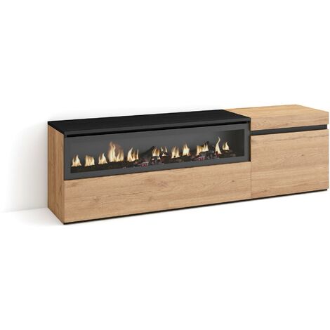 Skraut Home - Meuble TV, Banc Télé, Grand espace de Rangement, 150x45x35cm, Pour les TV jusqu'à 65", Cheminée électrique, Style moderne, Chêne et noir (1/5)