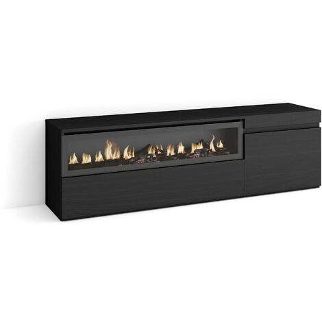Skraut Home – Meuble TV moderne avec cheminée électrique – Grand rangement 150x45x35cm – Pour TV jusqu'à 65' – Noir avec veinage bois (1/5)