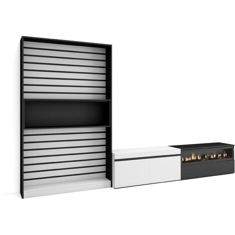 Skraut Home - Ensemble Meuble TV, Meuble Salon Complet, 310x186x35cm, Pour les TV jusqu'à 80", Cheminée électrique, Style moderne, Blanc et noir (1/5)