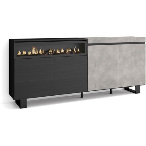Skraut Home - Buffet salon et cuisine, Meuble de Rangement, Commode, 200x87x35cm, 4 Portes, Cheminée électrique, Design industriel, Style moderne, Gris Ciment (1/5)