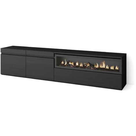 Skraut Home – Meuble TV avec cheminée électrique – Grand espace de rangement 200x45x35cm – Pour TV jusqu'à 80' – Noir moderne avec veinage bois (1/5)