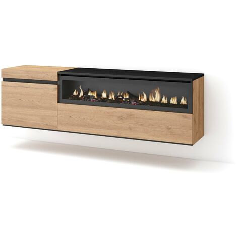 Skraut Home – Meuble TV suspendu mural avec cheminée électrique – Grand espace de rangement 150x35x45cm – Style moderne chêne et noir – Pour TV jusqu'à 65" (1/5)