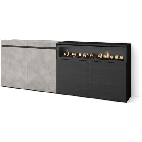 Skraut Home - Buffet salon et cuisine, Meuble de Rangement, Commode, 200x75x35cm, 4 Portes, Cheminée électrique, Style moderne, Gris Ciment (1/5)