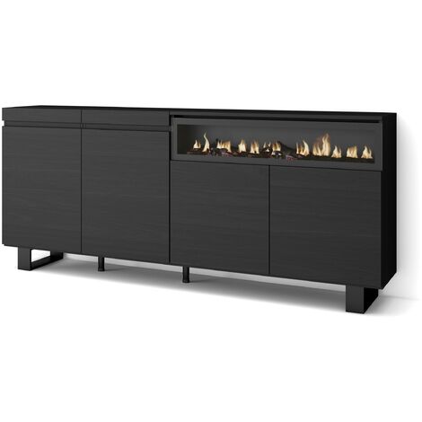 Skraut Home - Buffet salon et cuisine, Meuble de Rangement, Commode, 200x87x35cm, 4 Portes, Cheminée électrique, Design industriel, Style moderne, Noir (1/5)