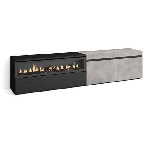 Skraut Home - Meuble TV, Banc Télé, Grand espace de Rangement, 200x45x35cm, Pour les TV jusqu'à 80", Cheminée électrique, Style moderne, Gris Ciment (1/5)