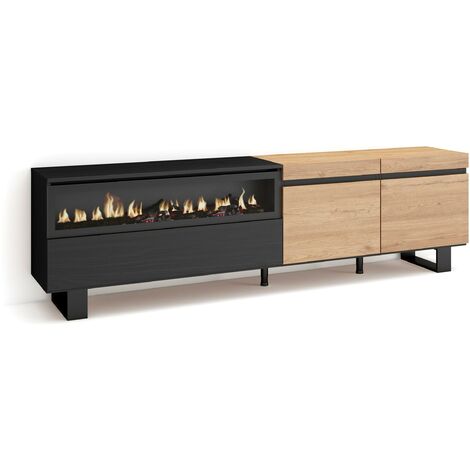 Skraut Home - Meuble TV, Banc Télé, Grand espace de Rangement, 200x57x35cm, Pour les TV jusqu'à 80", Cheminée électrique, Design industriel, Style moderne, Chêne et noir (1/5)