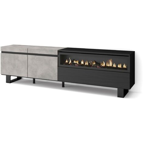 Skraut Home - Meuble TV, Banc Télé, Grand espace de Rangement, 200x57x35cm, Pour les TV jusqu'à 80", Cheminée électrique, Design industriel, Style moderne, Gris Ciment (1/5)