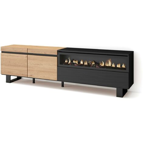 Skraut Home – Meuble TV avec cheminée électrique – Dimensions 200x57x35cm – Pour TV jusqu'à 80' – Chêne et noir – Design industriel moderne (1/5)