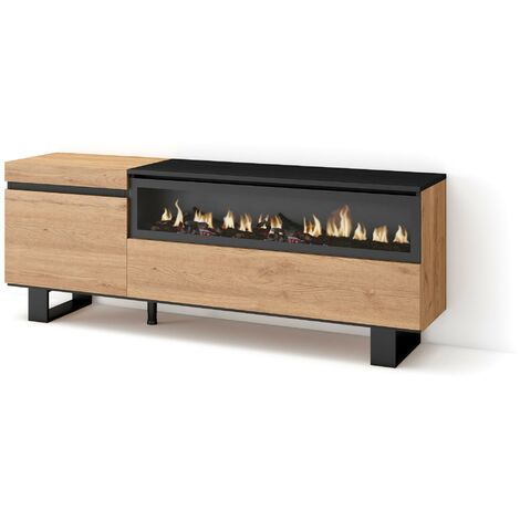 Skraut Home – Meuble TV avec rangement – Dimensions 150x35x57cm – Pour TV jusqu'à 65" – Cheminée électrique – Design industriel chêne noir (1/5)