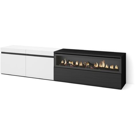 Skraut Home - Meuble TV, Banc Télé, Grand espace de Rangement, 200x45x35cm, Pour les TV jusqu'à 80", Cheminée électrique, Style moderne, Blanc et noir (1/5)
