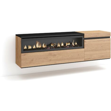 Skraut Home – Meuble TV suspendu mural chêne et noir – Grand espace de rangement 150x35x45cm – Pour TV jusqu'à 65" – Cheminée électrique intégrée (1/5)