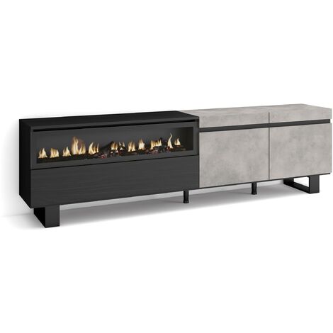 Skraut Home - Meuble TV, Banc Télé, Grand espace de Rangement, 200x57x35cm, Pour les TV jusqu'à 80", Cheminée électrique, Design industriel, Style moderne, Gris Ciment (1/5)