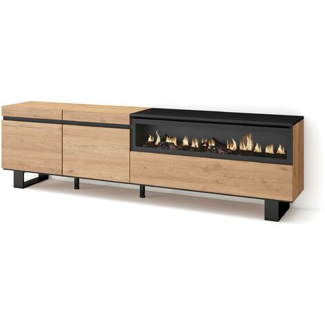 Skraut Home - Meuble TV, Banc Télé, Grand espace de Rangement, 200x57x35cm, Pour les TV jusqu'à 80", Cheminée électrique, Design industriel, Style moderne, Chêne et noir (1/5)