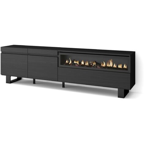 Skraut Home - Meuble TV, Banc Télé, Grand espace de Rangement, 200x57x35cm, Pour les TV jusqu'à 80", Cheminée électrique, Design industriel, Style moderne, Noir (1/5)