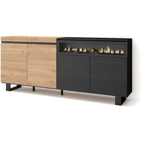 Skraut Home – Buffet salon et cuisine 200x87x35cm – 4 portes – Cheminée électrique LED 34W – Design industriel chêne et noir (1/5)