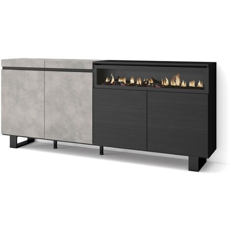 Skraut Home - Buffet salon et cuisine, Meuble de Rangement, Commode, 200x87x35cm, 4 Portes, Cheminée électrique, Design industriel, Style moderne, Gris Ciment (1/5)
