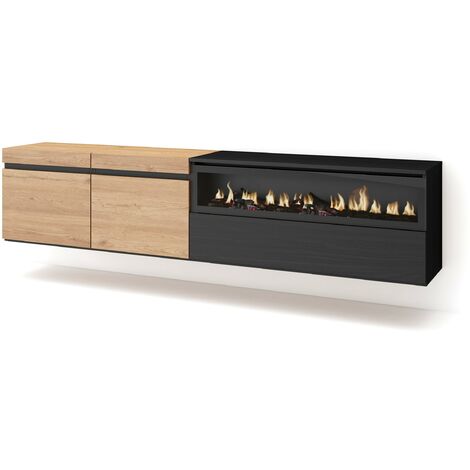 Skraut Home - Meuble TV, Banc Télé, Grand espace de Rangement, 200x45x35cm, Pour les TV jusqu'à 80", Cheminée électrique, Suspendu, Mural, Style moderne, Chêne et noir (1/5)