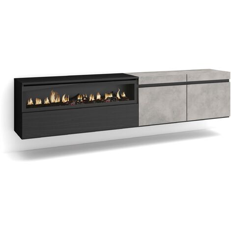 Skraut Home - Meuble TV, Banc Télé, Grand espace de Rangement, 200x45x35cm, Pour les TV jusqu'à 80", Cheminée électrique, Suspendu, Mural, Style moderne, Gris Ciment (1/5)