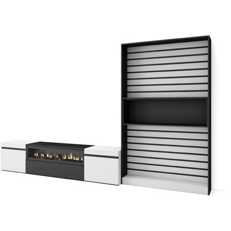 Skraut Home – Ensemble meuble TV moderne avec cheminée électrique – Dimensions 310x35x186cm – Pour TV jusqu'à 80" – Noir et blanc