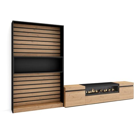 Skraut Home - Ensemble Meuble TV, Meuble Salon Complet, 310x186x35cm, Pour les TV jusqu'à 80", Cheminée électrique, Style moderne, Chêne et noir (1/5)