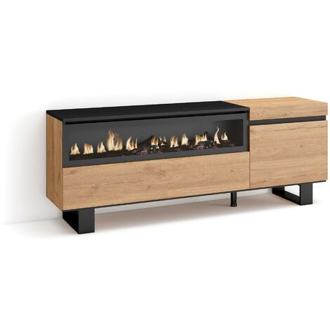 Skraut Home – Meuble TV avec rangement 150x35x57cm – Pour TV jusqu'à 65" – Cheminée électrique – Design industriel chêne et noir (1/5)
