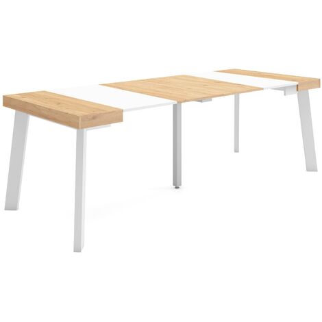 Skraut Home - Table console extensible, Console meuble, 220, Pour 10 personnes, Pieds en bois, Style moderne, Chêne et blanc (1/5)