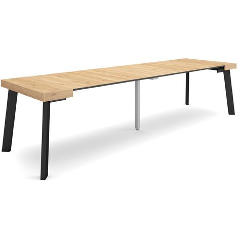 Skraut Home – Table console extensible 302x90x73cm – Pour 14 personnes – Pieds en bois – Mécanisme télescopique en aluminium – Finition chêne (1/5)