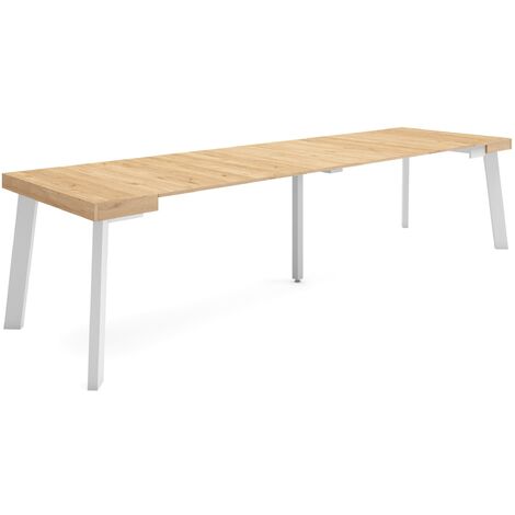 Skraut Home – Table console extensible 90x58cm – Longueur 302cm pour 14 personnes – Pieds en bois chêne – Mécanisme télescopique aluminium (1/5)