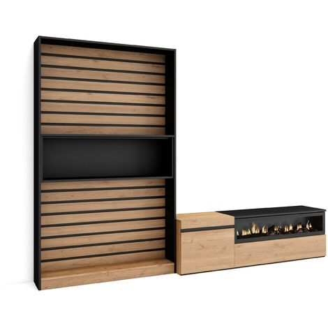 Skraut Home - Ensemble Meuble TV, Meuble Salon Complet, 260x186x35cm, Pour les TV jusqu'à 65", Cheminée électrique, Style moderne, Chêne et noir (1/5)