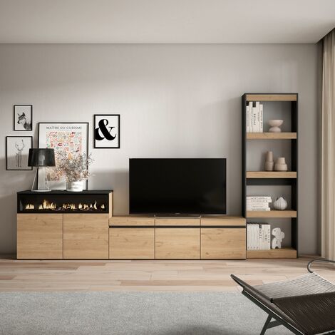 Ensemble Salon Buffet + Meuble TV + Table Basse Wind - Finition Ciment/blanc, Design Moderne Et Fonctionnel